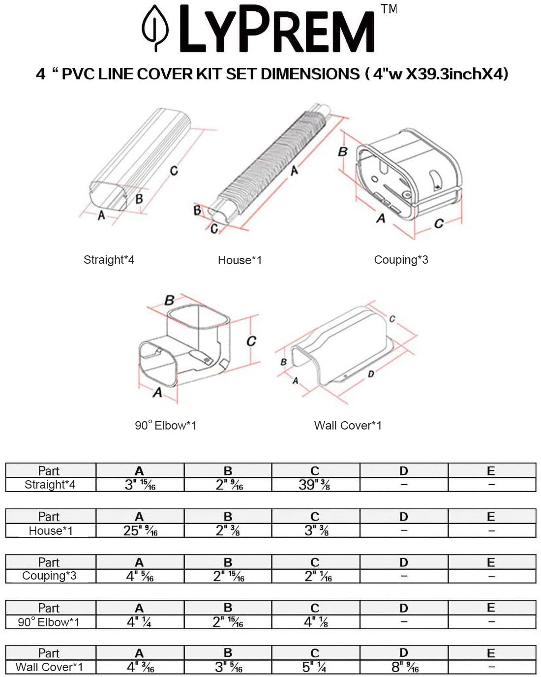 LyPrem® 4" 16.5Ft PVC Decorative Line Cover Kit for Ductless Mini Split Air Conditioners