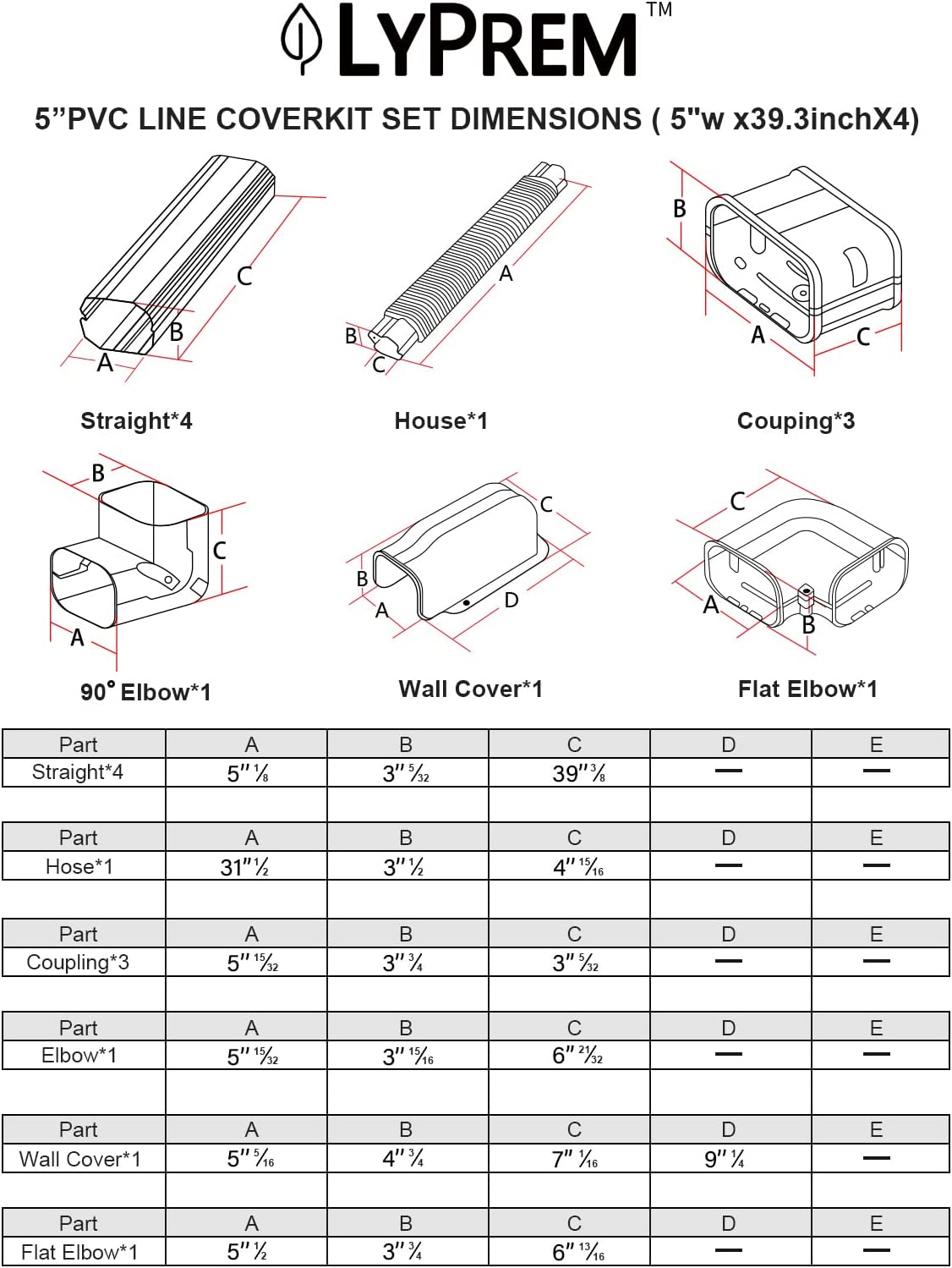 LyPrem® 5" 17Ft PVC Decorative Line Cover Kit for Ductless Mini Split Air Conditioners